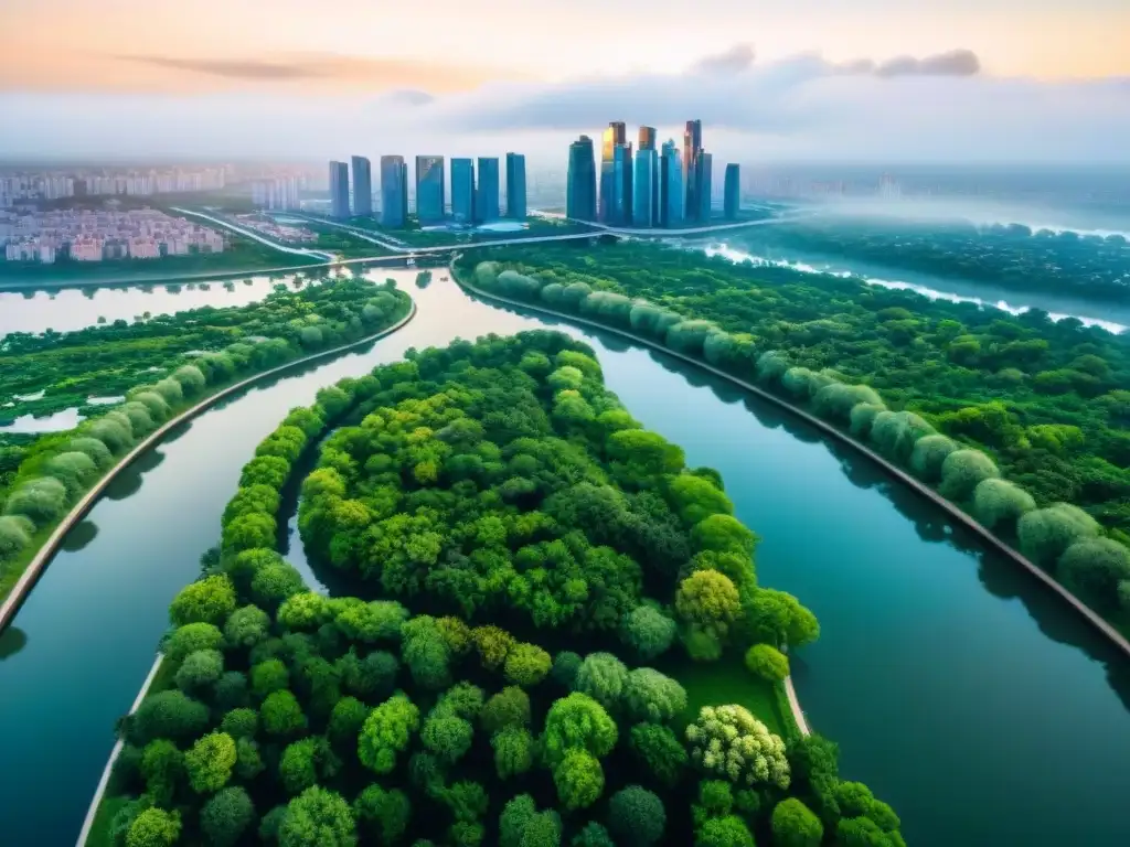 Vista aérea impresionante de una ciudad moderna con parques verdes, vías fluviales interconectadas y sistemas innovadores de gestión sostenible del agua integrados en el paisaje urbano, mostrando armonía entre desarrollo urbano y naturaleza, compromiso con prácticas de gestión sostenible del