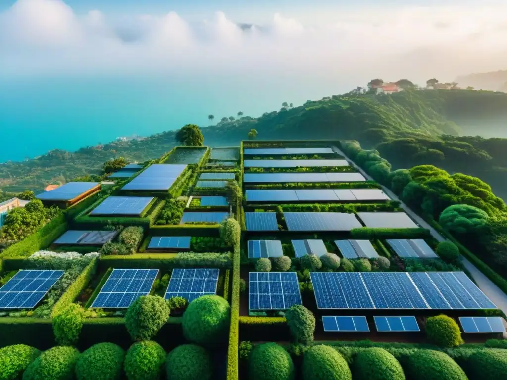 Vista aérea impresionante de una ciudad con edificios ecoamigables y diseño sostenible, rodeada de naturaleza