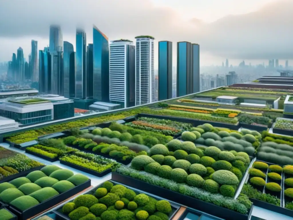 Una vista aérea impresionante de una ciudad bulliciosa donde rascacielos modernos integran elementos arquitectónicos sostenibles como techos verdes, paneles solares y jardines verticales