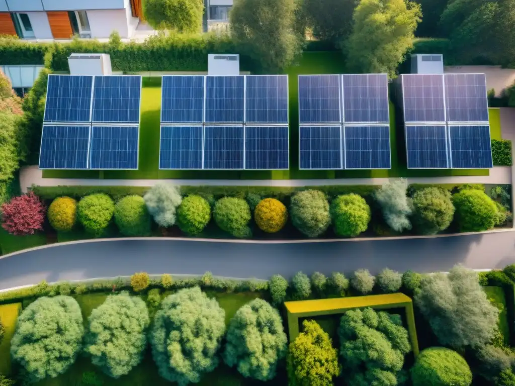 Vista aérea impresionante de un complejo residencial moderno y eficiente rodeado de vegetación, paneles solares brillando en los techos, un jardín comunitario con residentes disfrutando del espacio y coches eléctricos en estaciones de carga