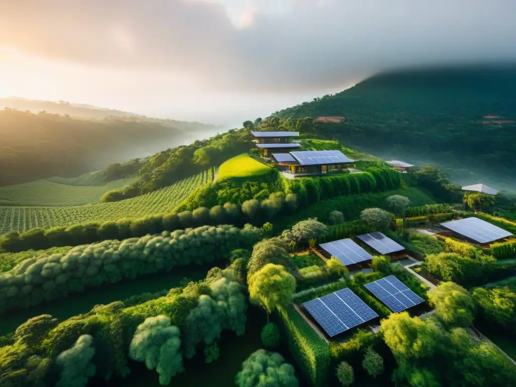 Una vista aérea impresionante de una comunidad sostenible innovadora en el mundo, integrada en exuberante vegetación y arquitectura eco-amigable