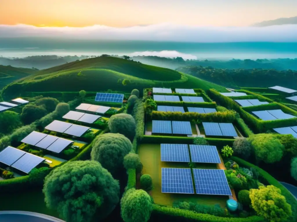 Vista aérea impresionante de una comunidad ecoamigable con paneles solares, vegetación exuberante y residentes disfrutando de actividades sostenibles