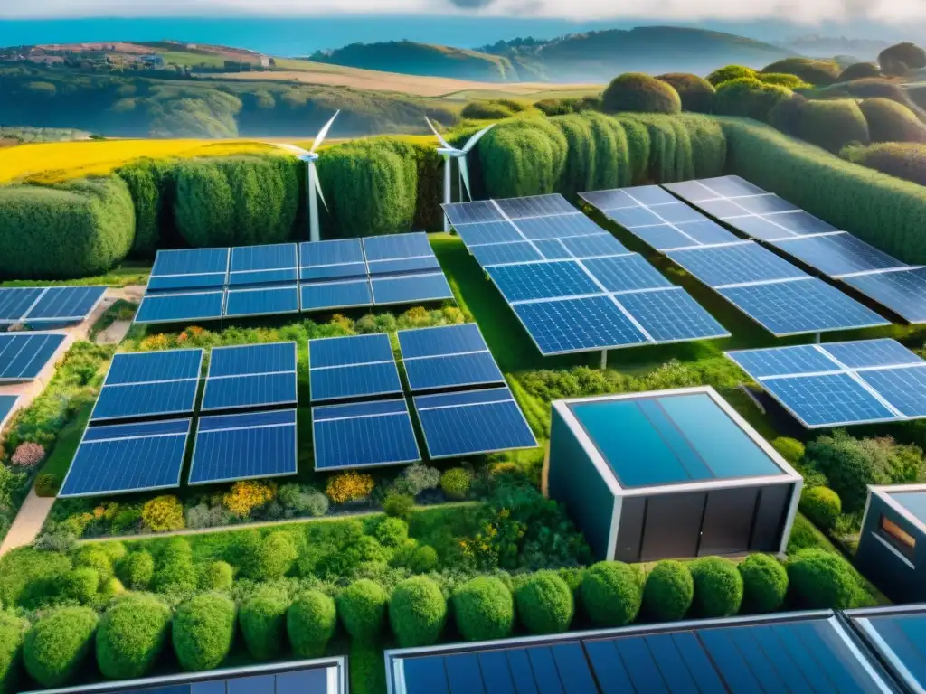 Vista aérea impresionante de un desarrollo urbano ecológico con techos verdes, paneles solares y energía en viviendas verdes innovadoras