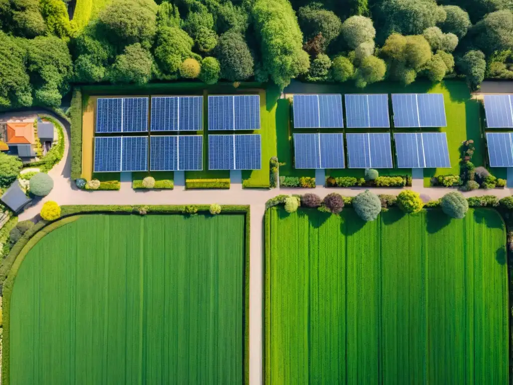 Vista aérea impresionante de un desarrollo de viviendas ecológicas con paneles solares y jardines verdes, residentes en bicicleta