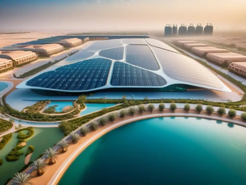 Vista aérea impresionante de Masdar City en Abu Dhabi, destacando su diseño sostenible con arquitectura futurista, paneles solares y tecnología avanzada integrada en el paisaje urbano, reflejando una ciudad moderna y ecológica que prioriza la energía renovable y la sosten