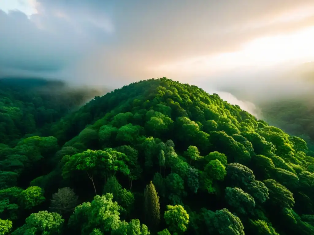 Vista aérea impresionante de un dosel de bosque verde exuberante con luz solar filtrándose a través de las hojas, mostrando la belleza y serenidad de una escapada ecológica para revitalizar