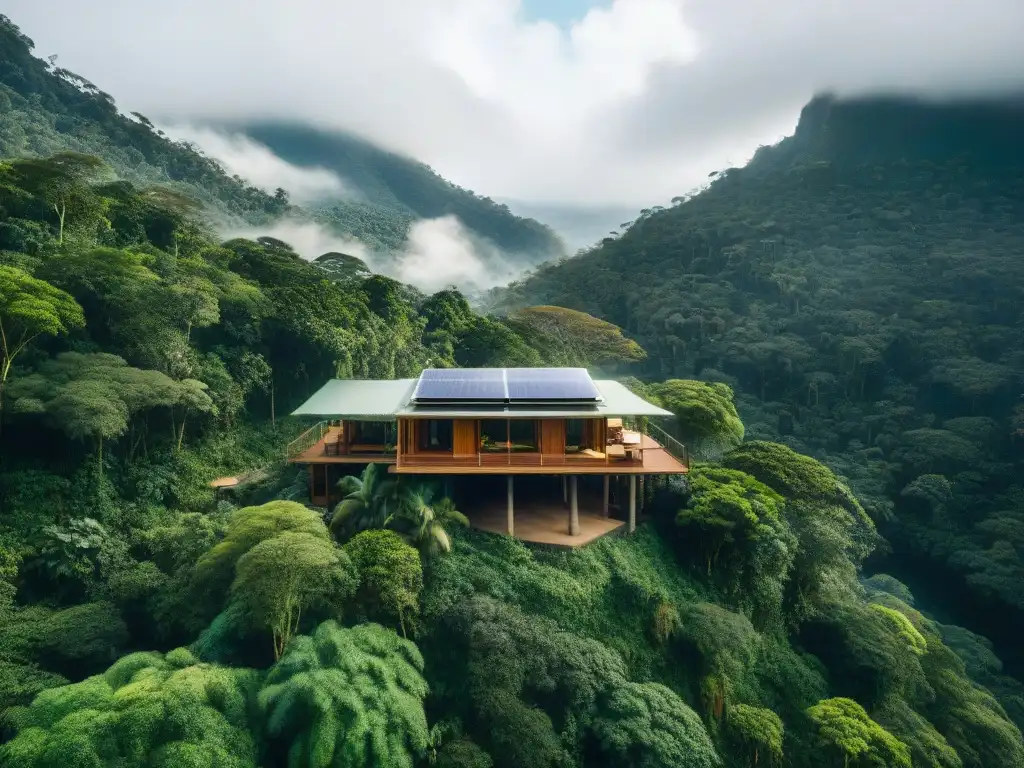 Vista aérea impresionante de un ecolodge sostenible en la selva, arquitectura verde integrada