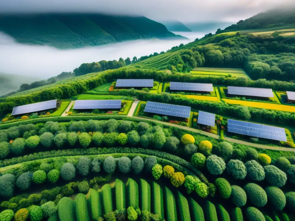 Vista aérea impresionante de edificios bioconstruidos en un paisaje verde, mostrando armonía con la naturaleza