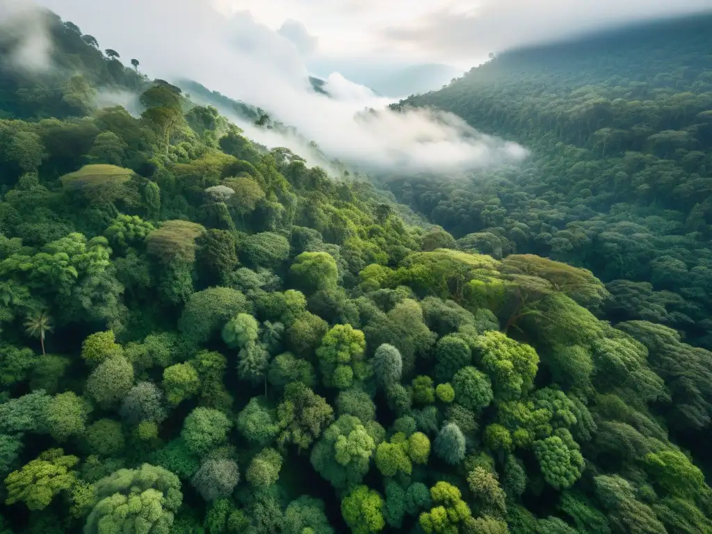 Vista aérea impresionante de un exuberante bosque verde, con luz filtrándose entre la densa vegetación