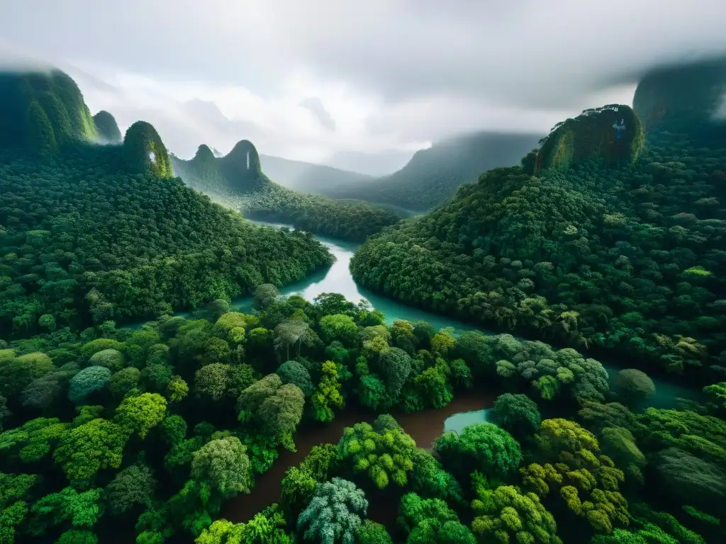 Vista aérea impresionante de un exuberante dosel de selva con un río serpenteante, reflejando la biodiversidad y belleza de un destino ecoturístico