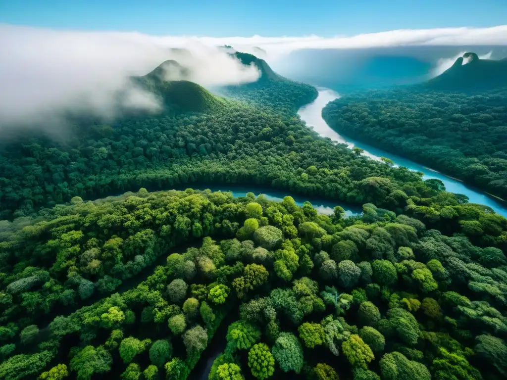 Vista aérea impresionante de un exuberante dosel de selva tropical, río serpenteante y árboles imponentes