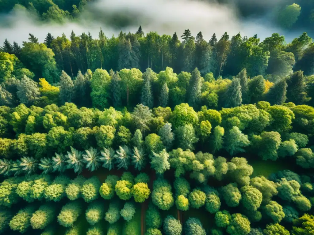 Vista aérea impresionante de un frondoso bosque con luz solar filtrándose entre el dosel, destacando árboles altos y rectos con hojas verdes