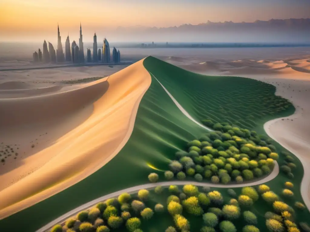 Una vista aérea impresionante de un paisaje desértico en los Emiratos Árabes Unidos con la ciudad futurista de Dubai al fondo