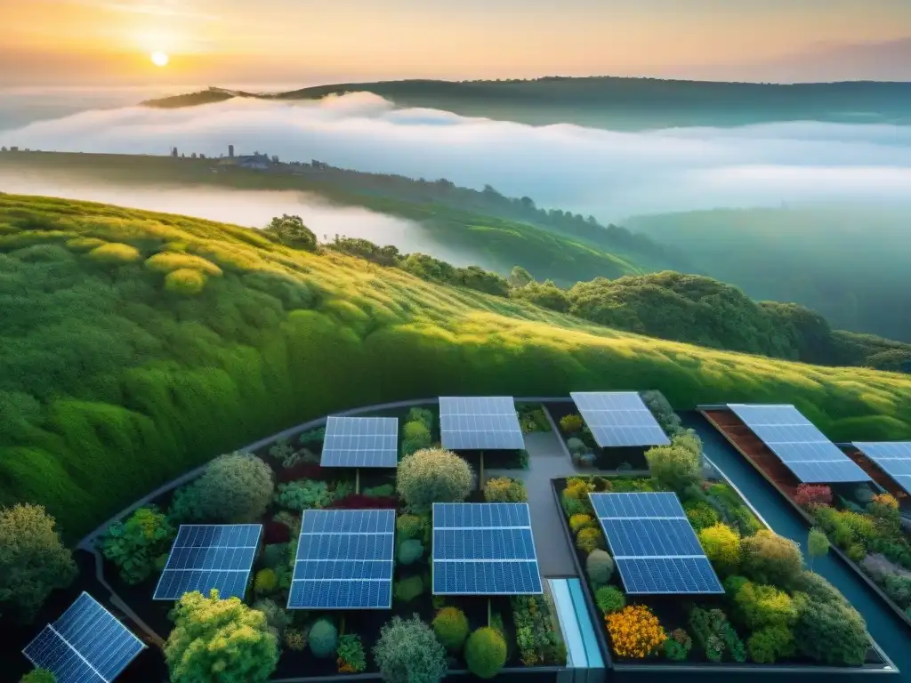 Una vista aérea impresionante de un paisaje urbano moderno con diseños arquitectónicos sostenibles, incluyendo techos verdes y paneles solares