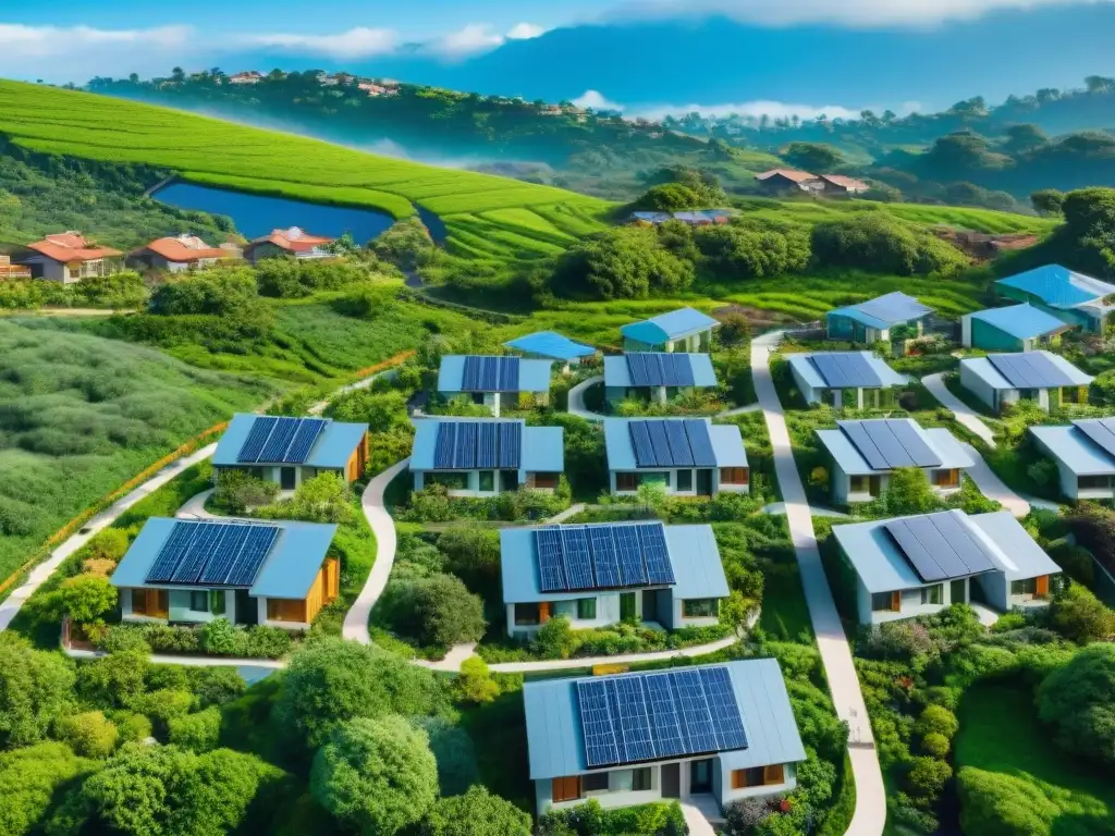 Una vista aérea impresionante de un vecindario verde con casas ecológicas, paneles solares y jardines comunitarios