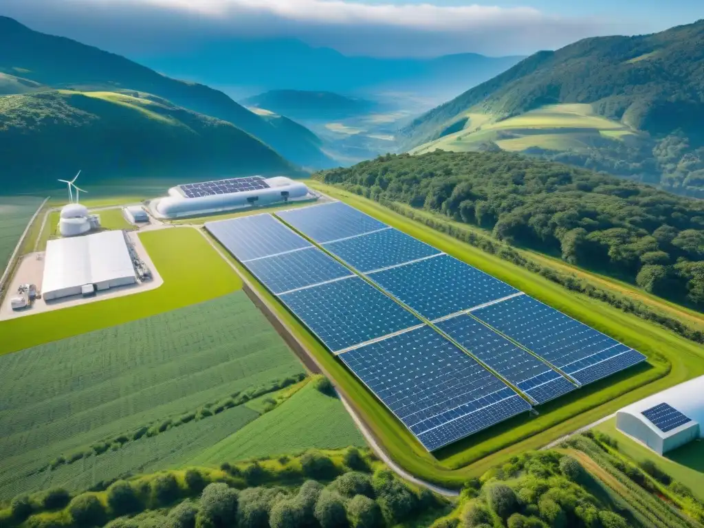 Vista aérea de una moderna instalación de refrigeración ecológica en un paisaje verde, mostrando innovaciones disruptivas