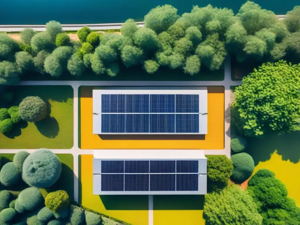 Vista aérea de escuela Montessori en Bilbao con paneles solares brillando bajo el sol, rodeada de naturaleza y niños felices