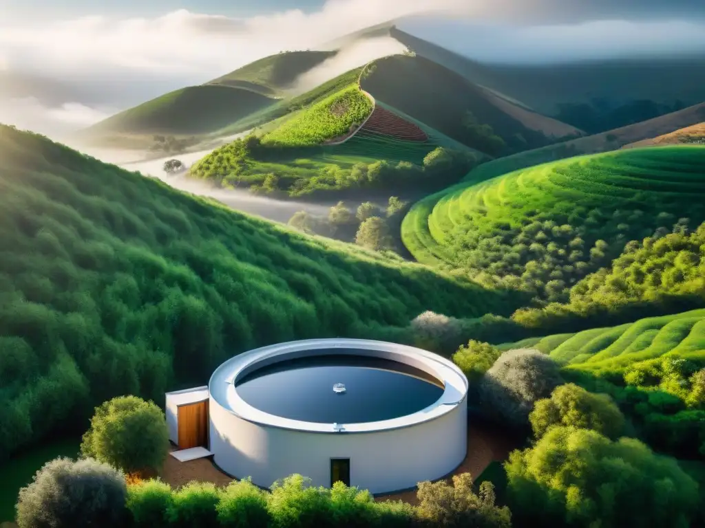 Vista aérea de sistemas innovadores de recolección de agua lluvia en paisaje verde: tendencias emergentes