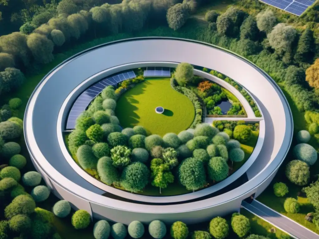 Vista aérea de construcción sostenible con modelo económico circular en armonía con la naturaleza