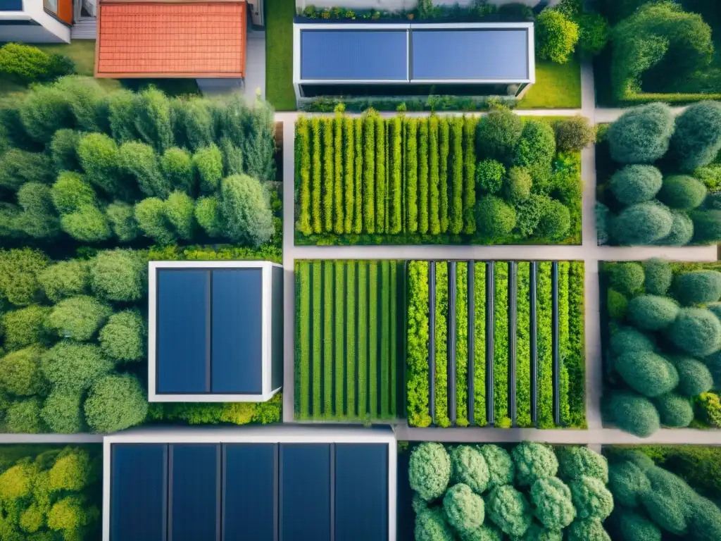 Vista aérea de techos verdes como solución sostenible en edificios residenciales, con diversidad y beneficios