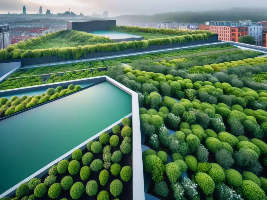 Vista aérea de techos verdes y arquitectura moderna en la ciudad