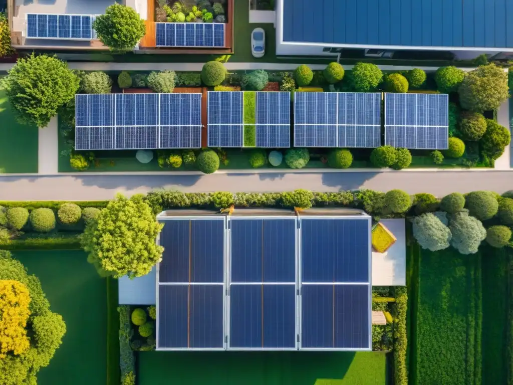 Vista aérea de vecindario con casas sustentables y tradicionales, destacando eficiencia energética en arquitectura sustentable