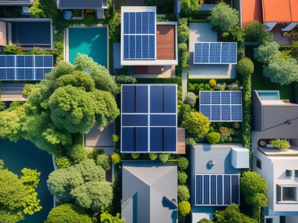 Vista aérea de vecindario residencial con casas ecológicas y tradicionales entre vegetación exuberante y paneles solares