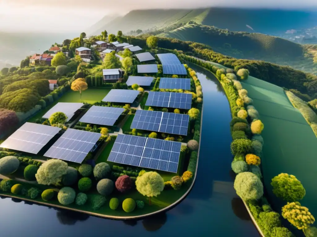 Vista aérea de vecindario residencial con paneles solares para vivienda sostenible, casas únicas rodeadas de naturaleza