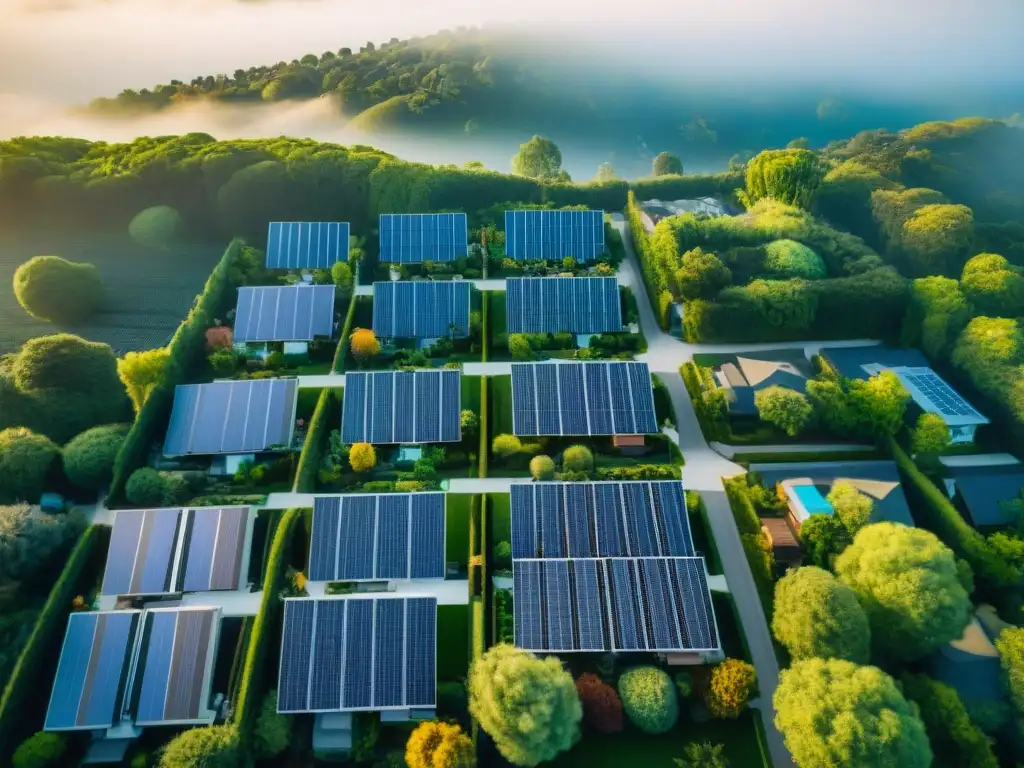 Vista aérea de vecindario suburbano con casas modernas y paneles solares, destacando la tecnología verde y el aumento de valor de propiedades