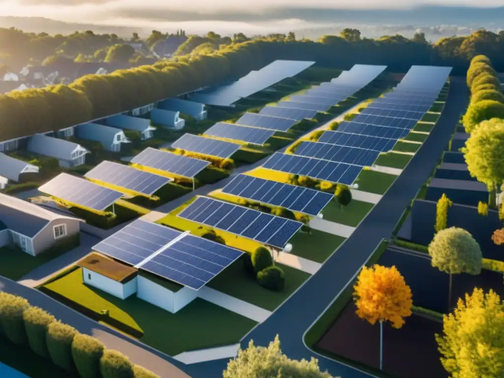 Vista aérea de vecindario suburbano con paneles solares en techos