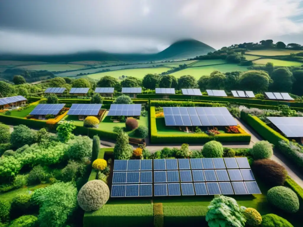 Vista aérea de vivienda sostenible con paneles solares, jardines verdes y residentes ecoamigables