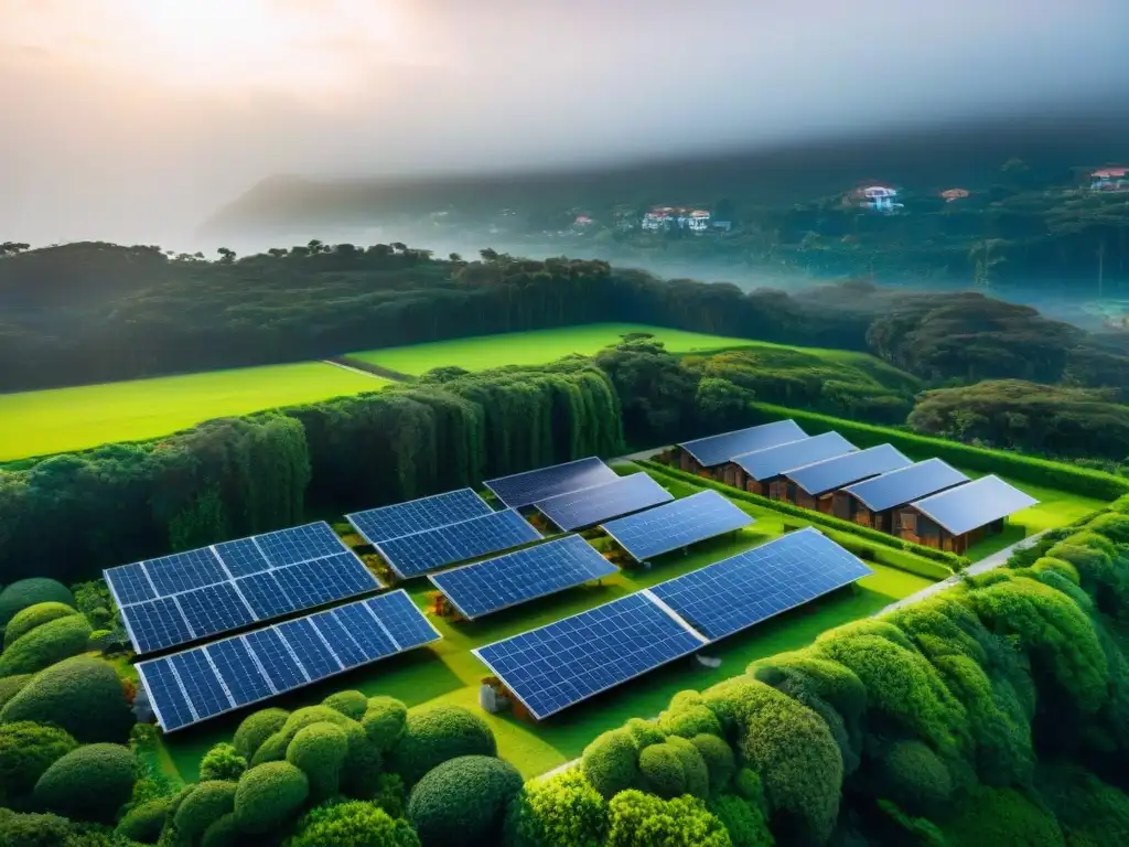 Vista aérea de viviendas eco amigables con certificación LEED, paneles solares, jardines verdes y sistemas de recolección de agua de lluvia