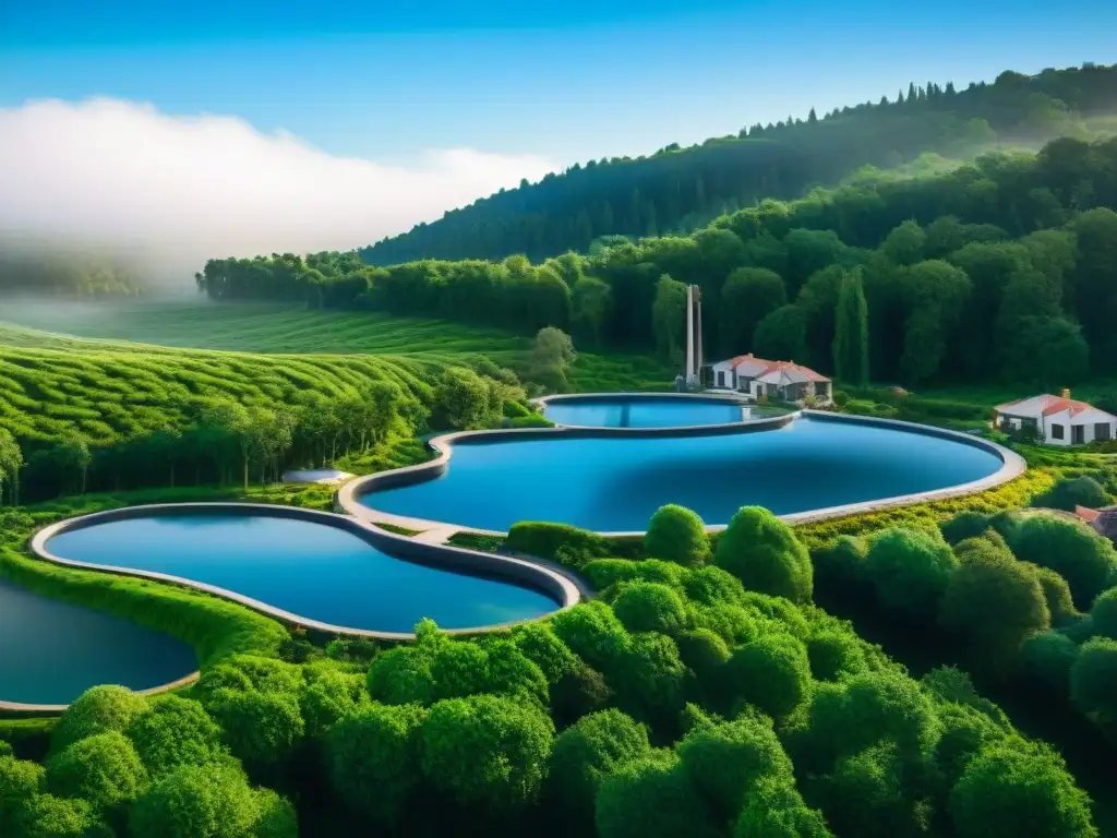 Vista aérea de zona residencial con sistemas de geotermia, mostrando eficiencia y armonía con la naturaleza