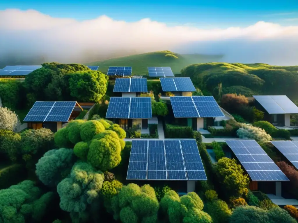 Vista aérea de una zona residencial moderna con casas ecológicas rodeadas de vegetación, reflejando la tendencia de préstamos hipotecarios verdes