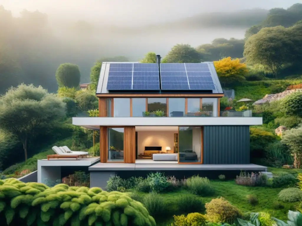 Vista de una casa sostenible moderna con paneles solares, techo verde, jardín y huella ecológica futura