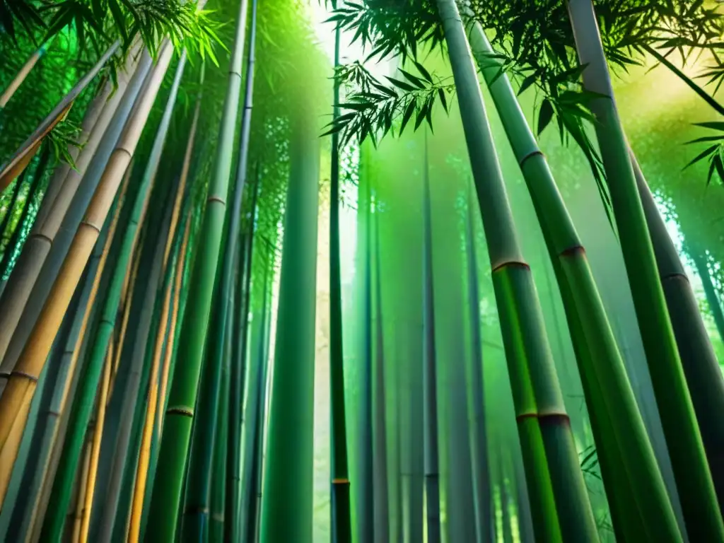 Bosque de bambú: belleza sostenible y ecoinnovación Vista cercana de un bosque de bambú, con tallos altos y delgados alcanzando el cielo bajo un dosel de hojas verdes exuberantes