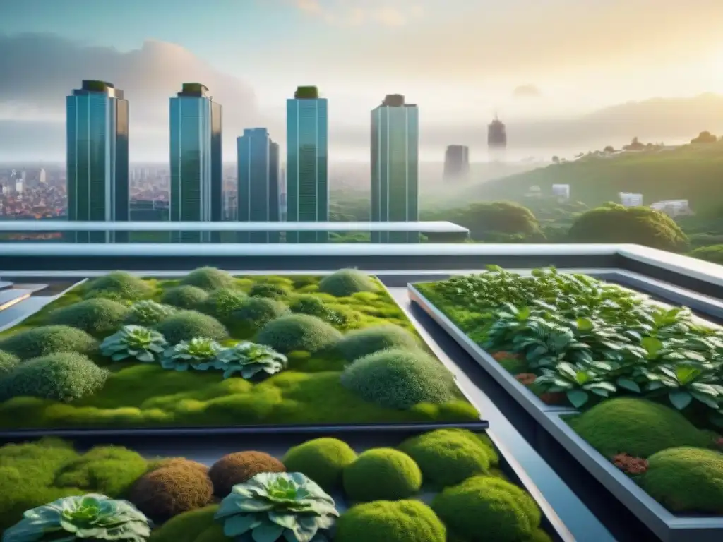 Vista de ciudad moderna con techos verdes sostenibles, integrando naturaleza y arquitectura urbana