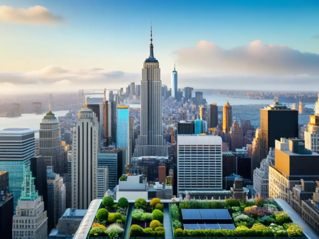 Vista detallada de las azoteas verdes en Nueva York, simbolizando innovación y sostenibilidad urbana