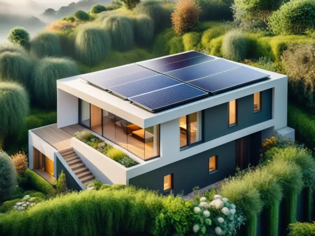 Vista detallada de una casa bioclimática sostenible con paneles solares, tejado verde y jardín exuberante, ilustrando diseño ecoamigable