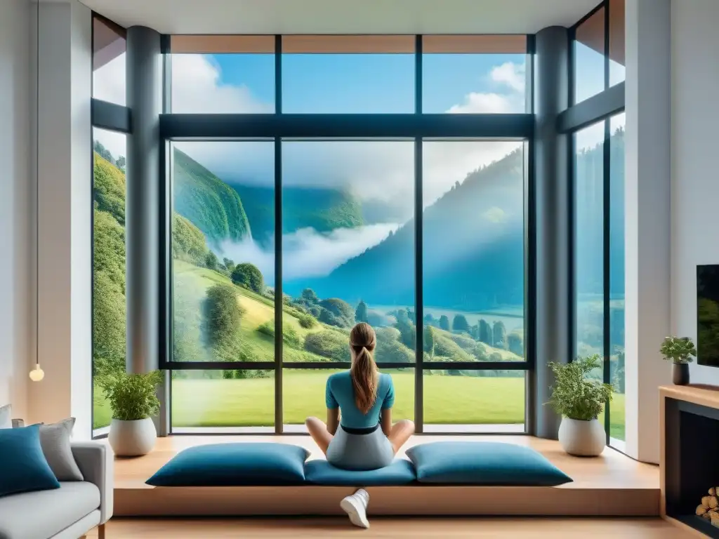 Vista detallada de casa sostenible con ventanas inteligentes maximizando luz natural y eficiencia energética