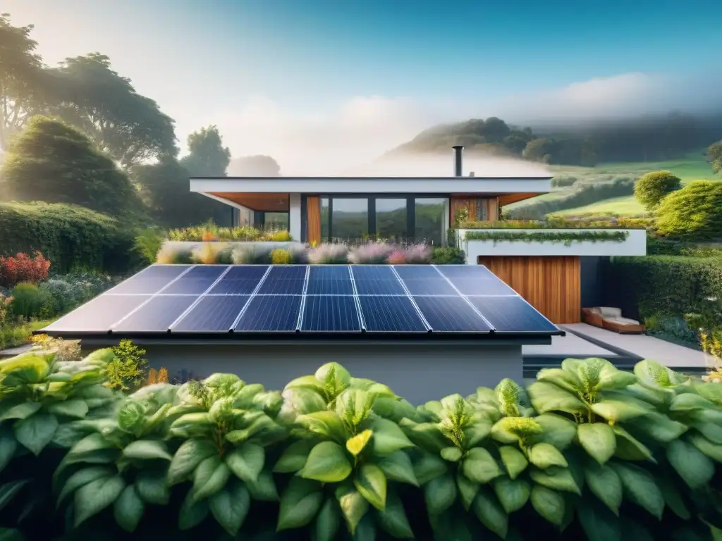 Vista detallada de una casa verde moderna con paneles solares, jardín en el techo y tecnología ecoamigable