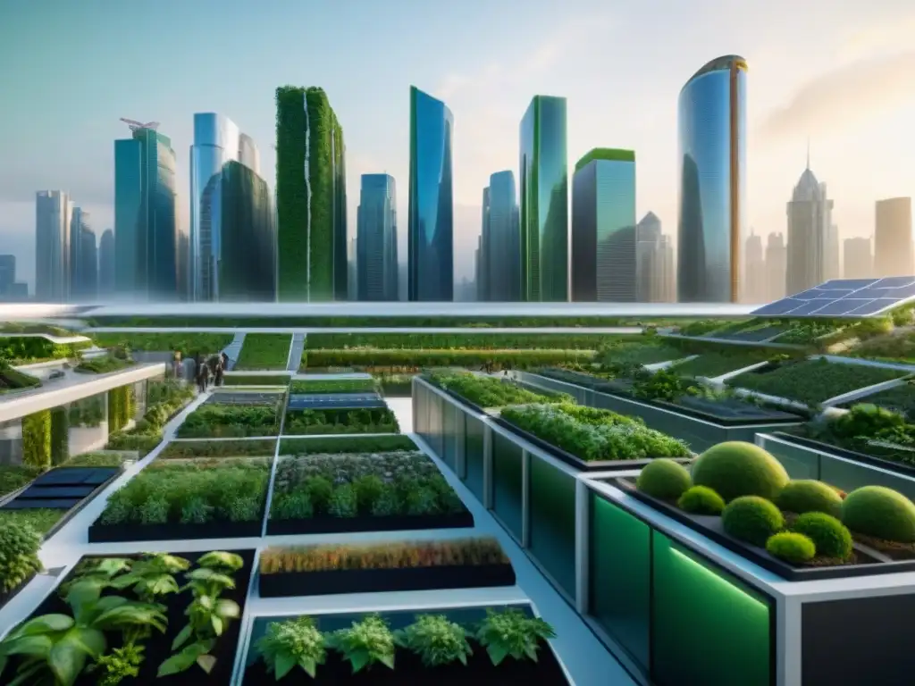 Vista detallada de una ciudad futurista ecoconsciente con arquitectos, ingenieros y urbanistas colaborando en diseño sostenible