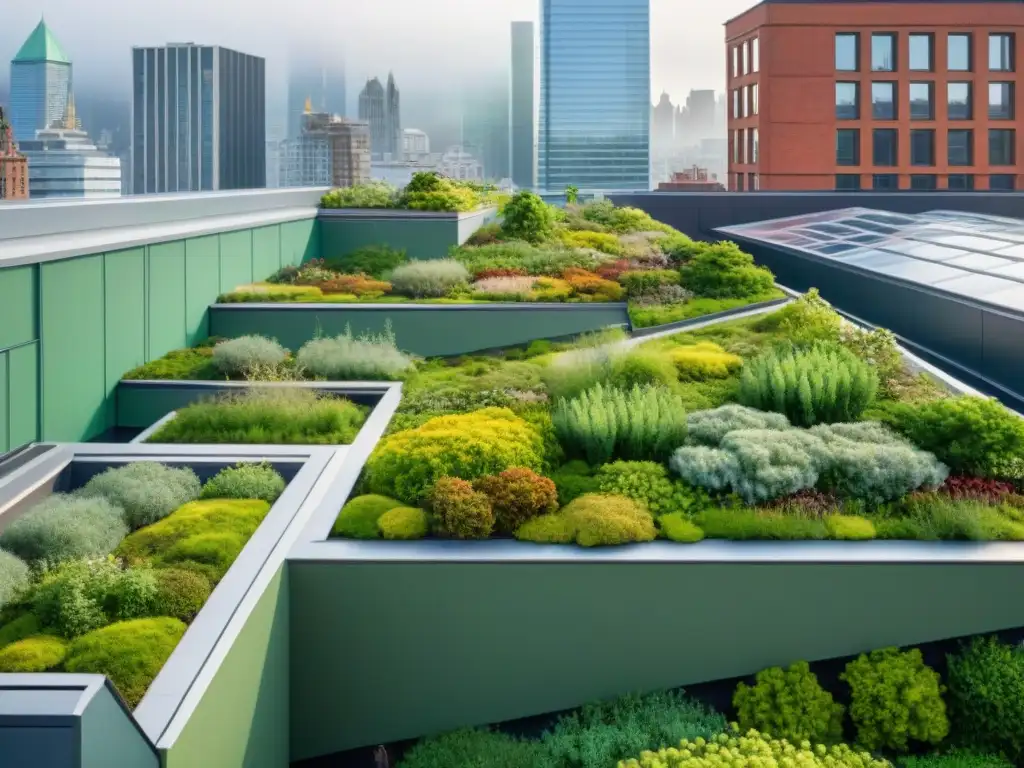 Vista detallada de ciudad con techos verdes, resaltando beneficios ambientales y diseño urbano