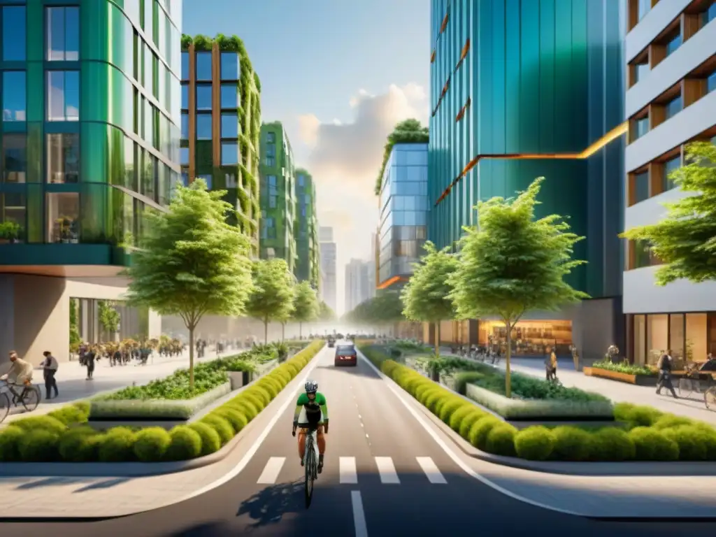 Vista detallada de ciudad verde con normativas construcción verde gobiernos