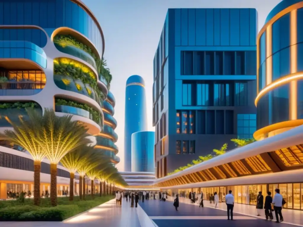 Vista detallada de Masdar City en Abu Dabi, mostrando arquitectura futurista y sostenible, con energías renovables