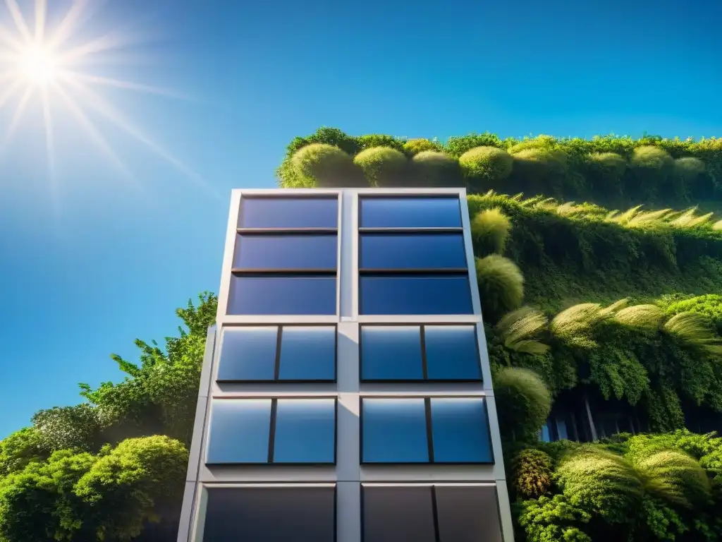 Vista detallada del edificio de oficinas en Brasil con paneles solares, rodeado de vegetación y cielo azul