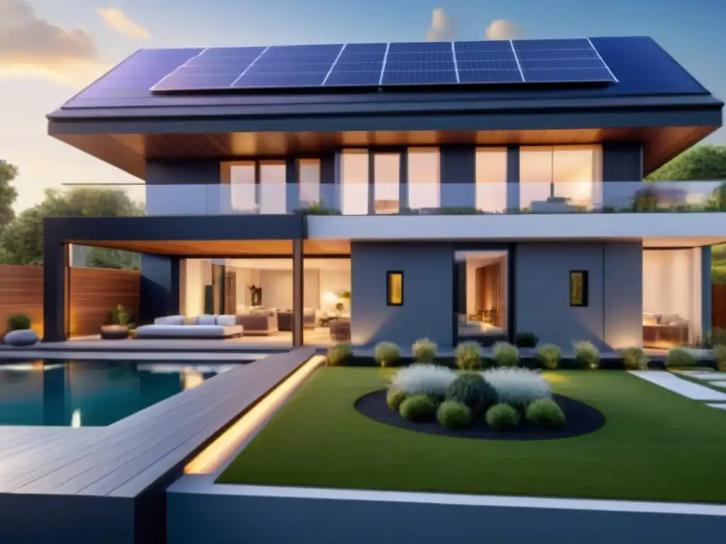 Vista detallada de una Smart Home eficiente en energía con tecnología avanzada y sostenible, paneles solares y electrodomésticos inteligentes