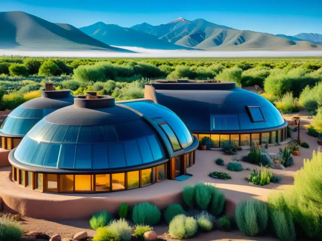 Vista detallada de las innovadoras viviendas de Earthship Biotecture en Taos, Nuevo México, rodeadas de jardines y paneles solares