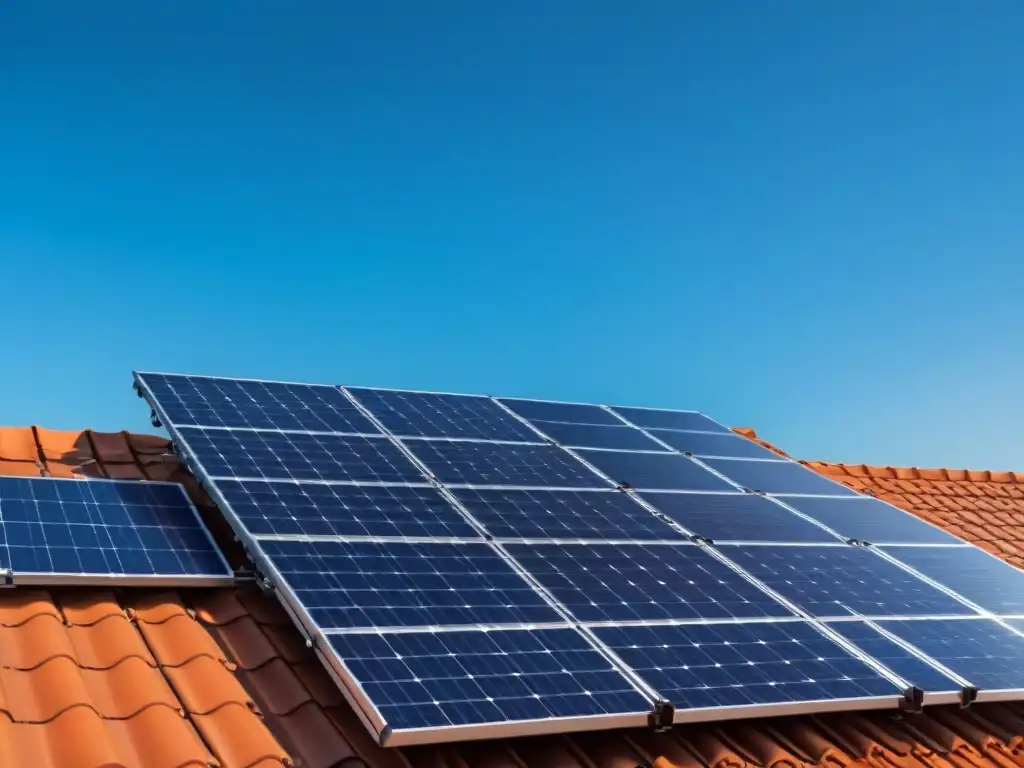 Vista detallada de paneles solares en el techo de una casa sostenible, con cielo azul