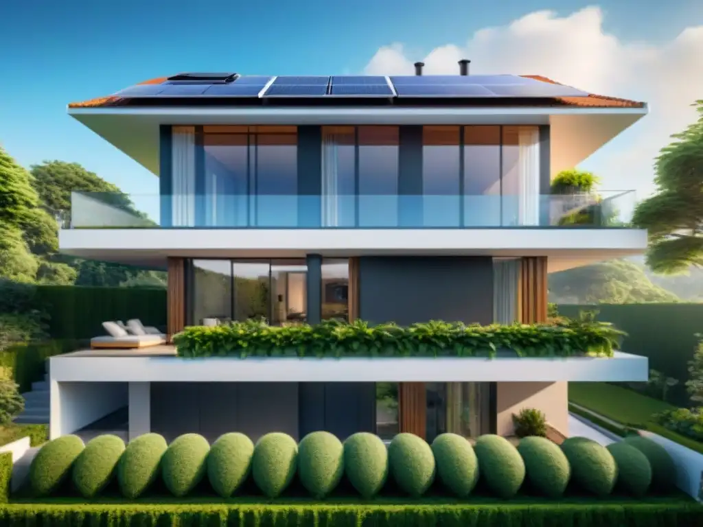 Vista detallada de casa ecológica con paneles solares, jardín vertical, sistema de riego inteligente y estación de carga para coche eléctrico